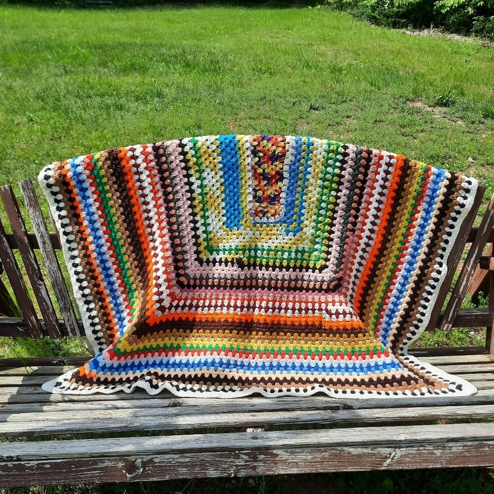 Vintage MCM Handmade Crocheted Multicolor Striped Afghan Blanket 51"×60"